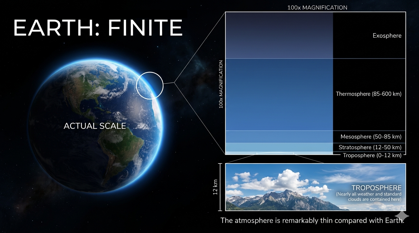 The Earth Is Finite: Very Thin Atmosphere